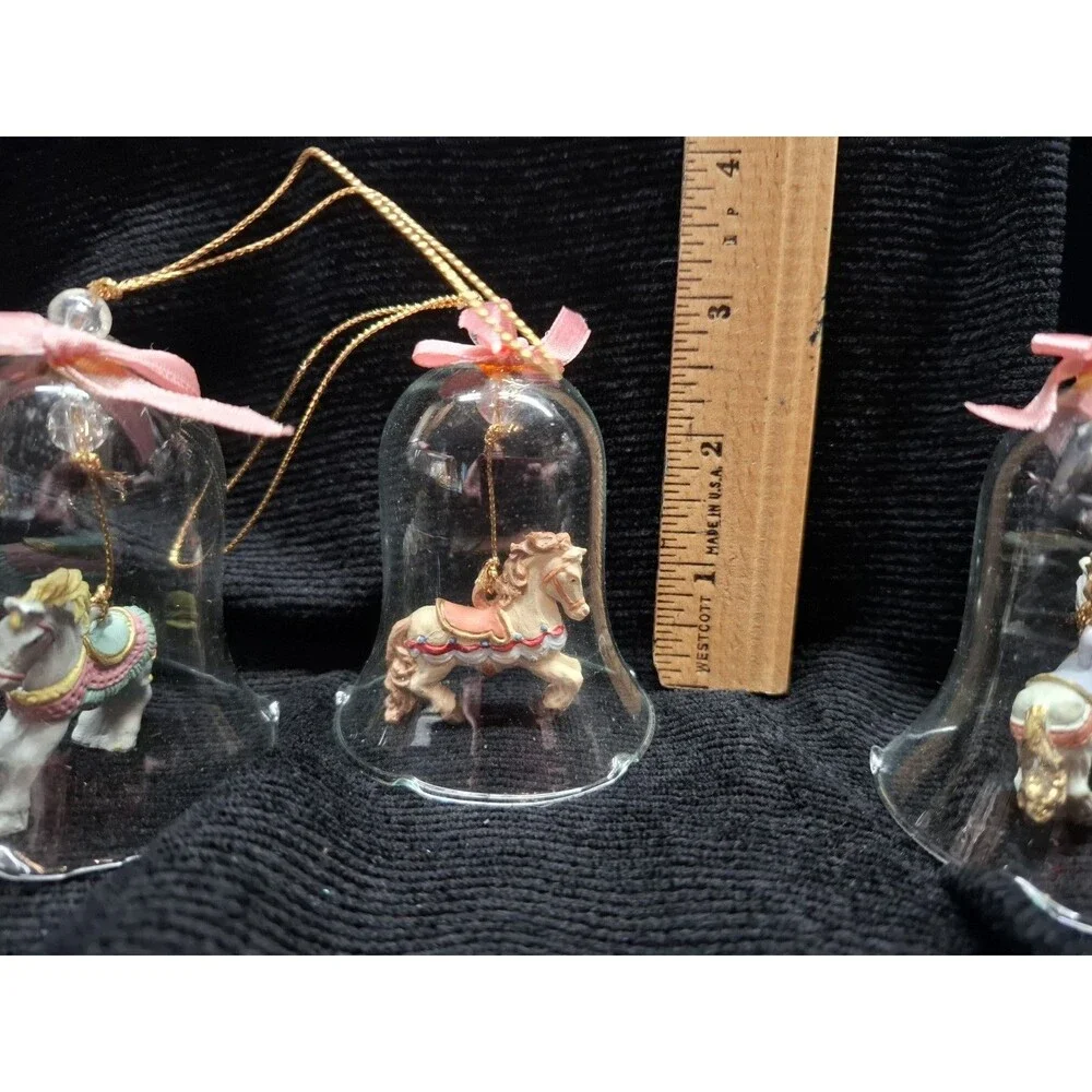 Vintage Clear Glass Bell Ornaments Carousel Horse Clapper Set 3 Christmas 3